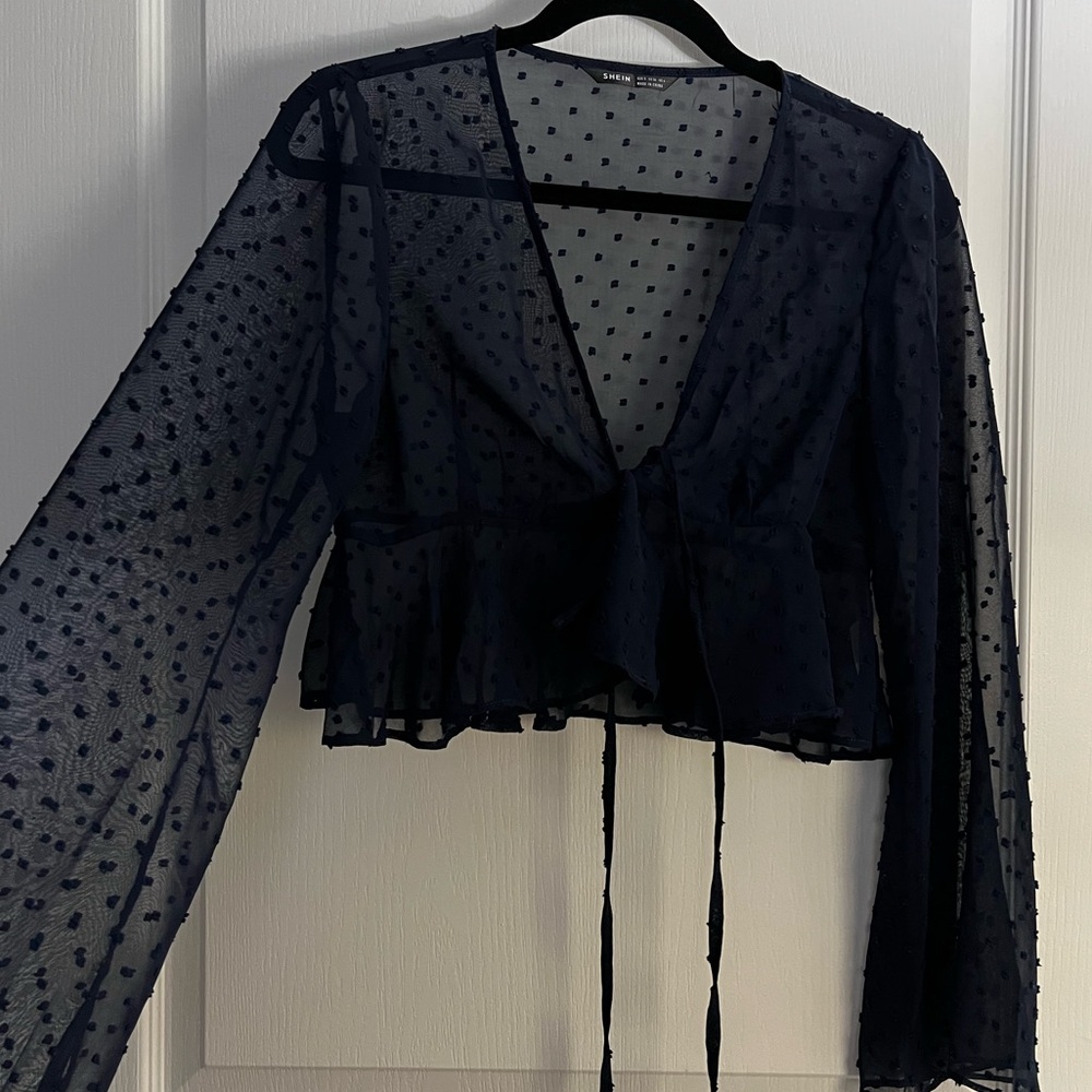 SHEIN Retro Style Sheer Cropped Bell Sleeve Wrap Top Shawl